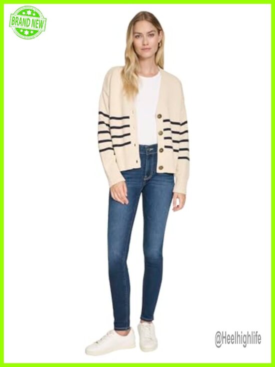 Sweaters - Long Sleeve V-Neck Striped Cotton Cardigan Sweater